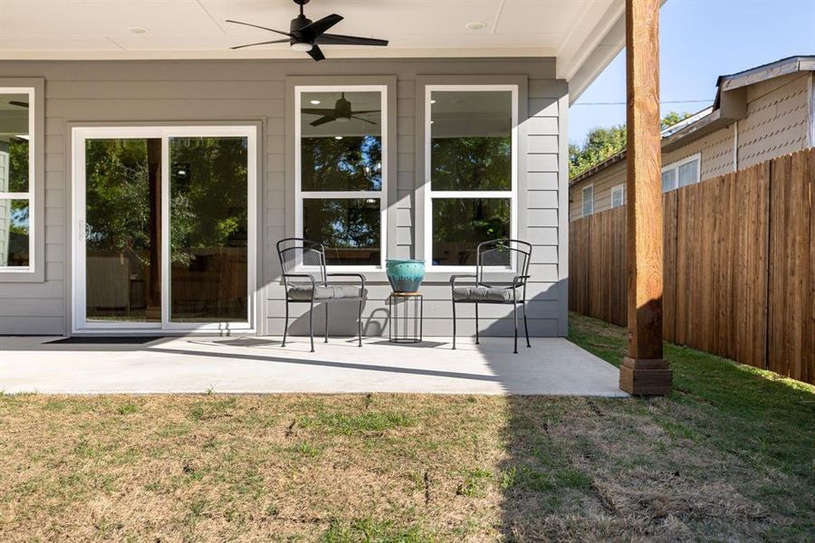 View of patio / terrace featuring ceiling fan