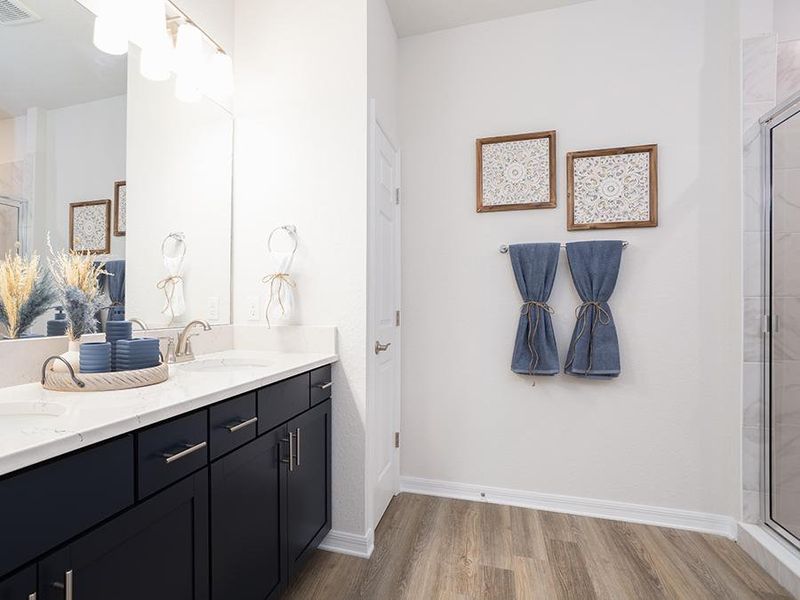 Your new owner`s bath includes dual vanities, enclosed tiled shower, and walk-in wardrobe - Shelby home plan by Highland Homes