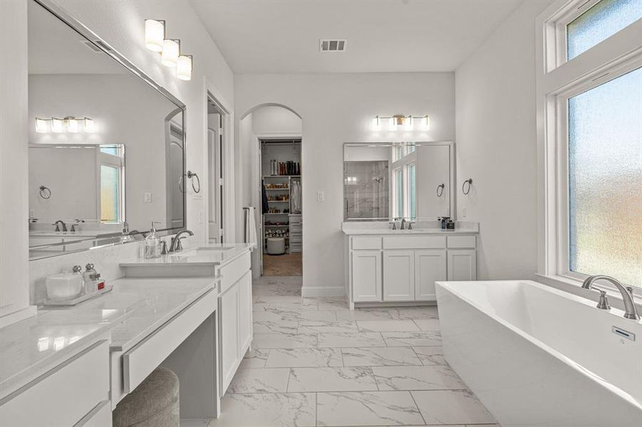 Bathroom with vanity, a wealth of natural light, and a bathing tub