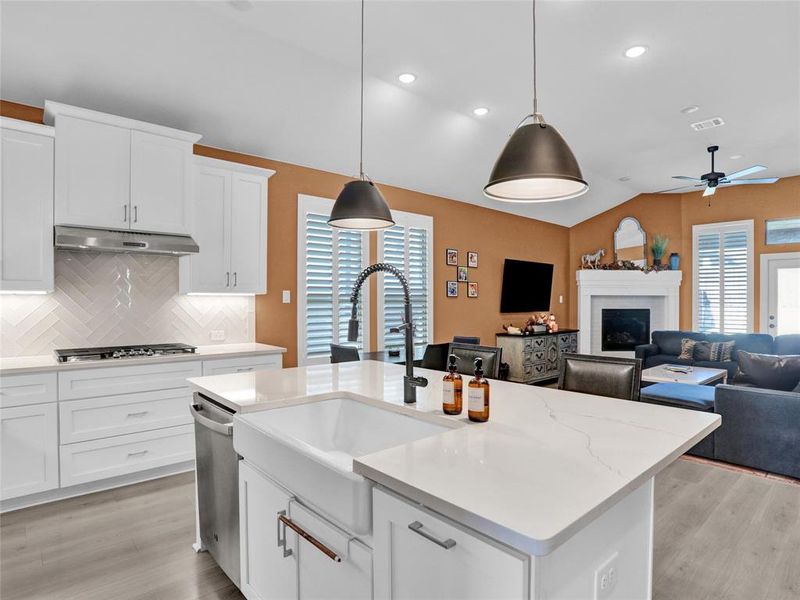 Gorgeous modern kitchen with double ovens, quartz counters, farmhouse sink, island and gas stovetop.