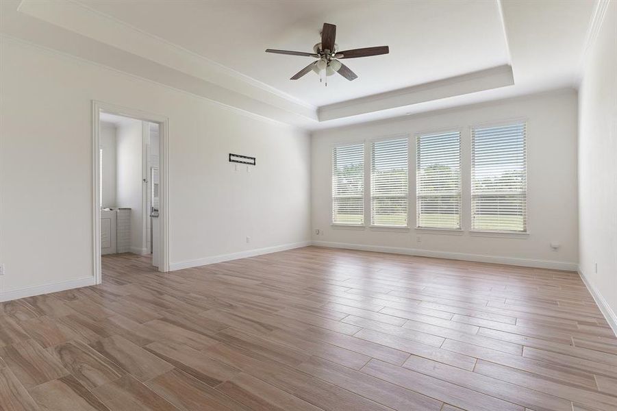 Empty room with ornamental molding, light hardwood / wood-style flooring, ceiling fan, and a tray ceiling