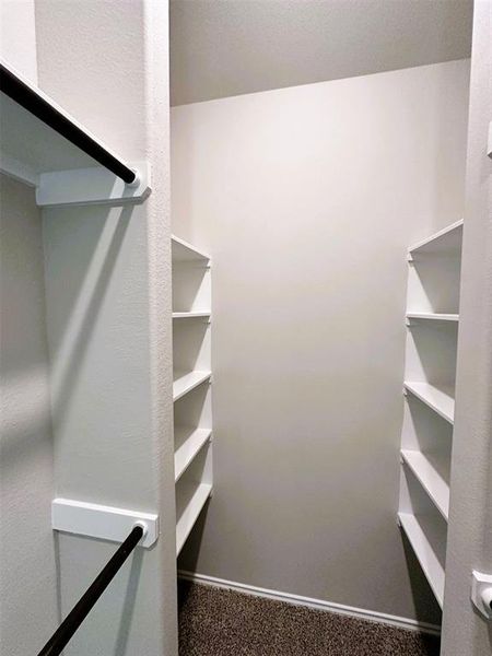Another view of the master closets dual shelving. (sample photo of completed home)