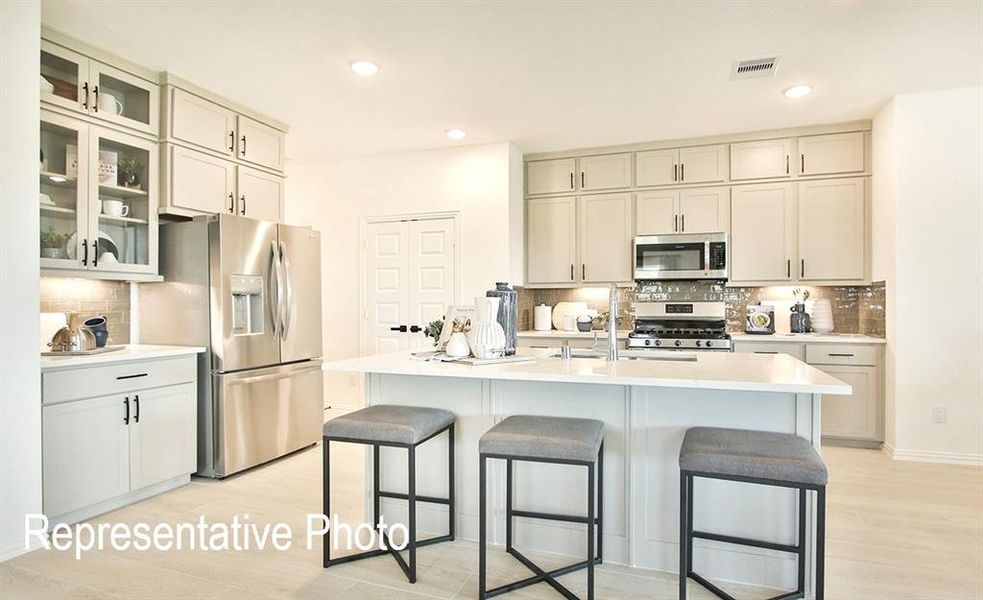 Kitchen featuring decorative backsplash, stainless steel appliances, an island with sink, and light hardwood / wood-style flooring