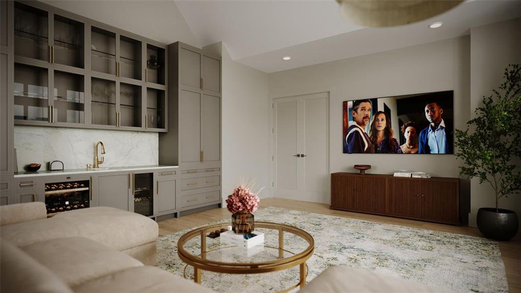 Another view of the Second Floor Game Room.  Fabulous Wet-Bar with a JennAir Ice Maker, JennAir 24 Bottle Capacity Beverage Center, Slab Quartz Counter, Slab Quartz Backsplash, Undermount Bar Sink with Single Lever Faucet, and Under-Cabinet Lighting. Glass Fronted Cabinet Doors with Glass Shelving.  There are also Storage Cabinets and Drawers on both sides of the Wet-Bar.