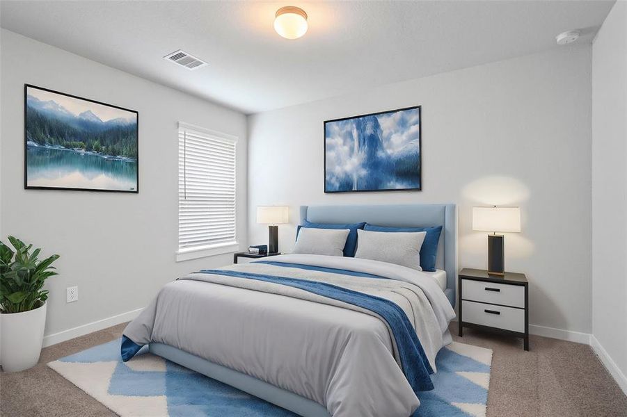 Secondary bedroom features plush carpet, custom paint, lighting, and a large window with privacy blinds.