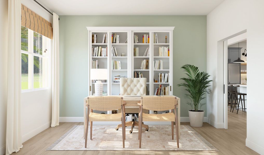 Charming home office with white trim detailing