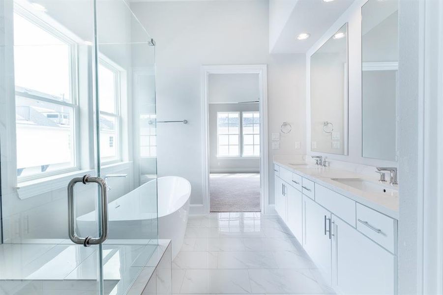 Stunning overall Primary bathroom with extra light from the window.