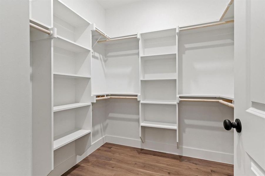 Walk in closet with wood-type flooring