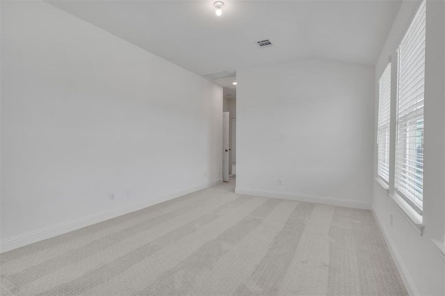 Carpeted spare room with lofted ceiling