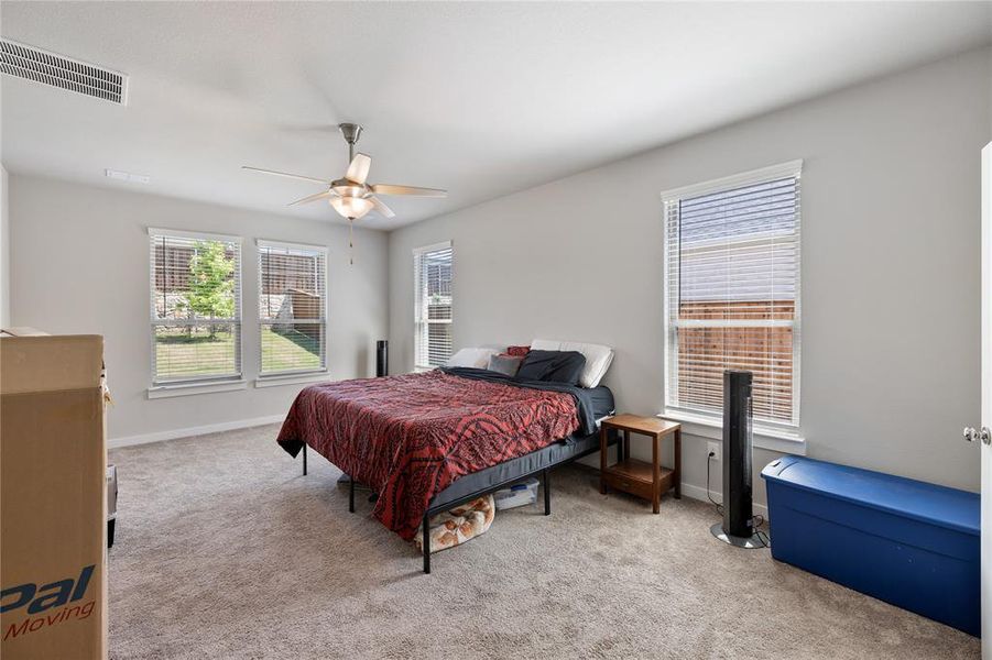 Bedroom featuring carpet and ceiling fan