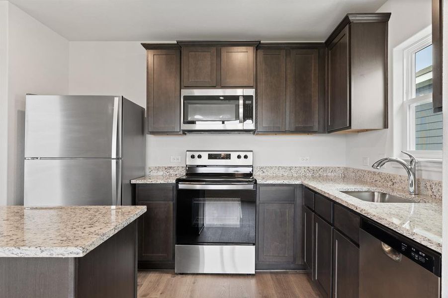 Kitchen featuring appliances with stainless steel finishes, sink, light wood-style flooring, and dark cabinetry