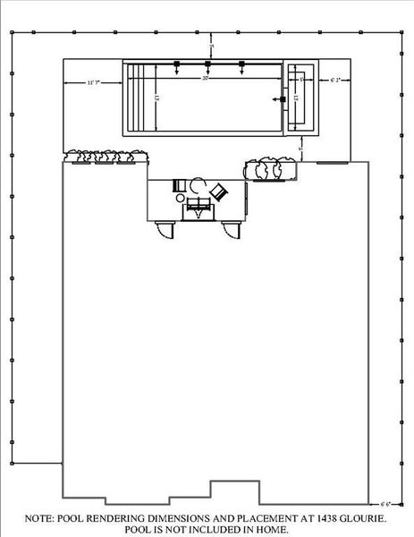 Artist Rendering of pool dimensions and placement on 1438 Glourie. Pool is not included in home.