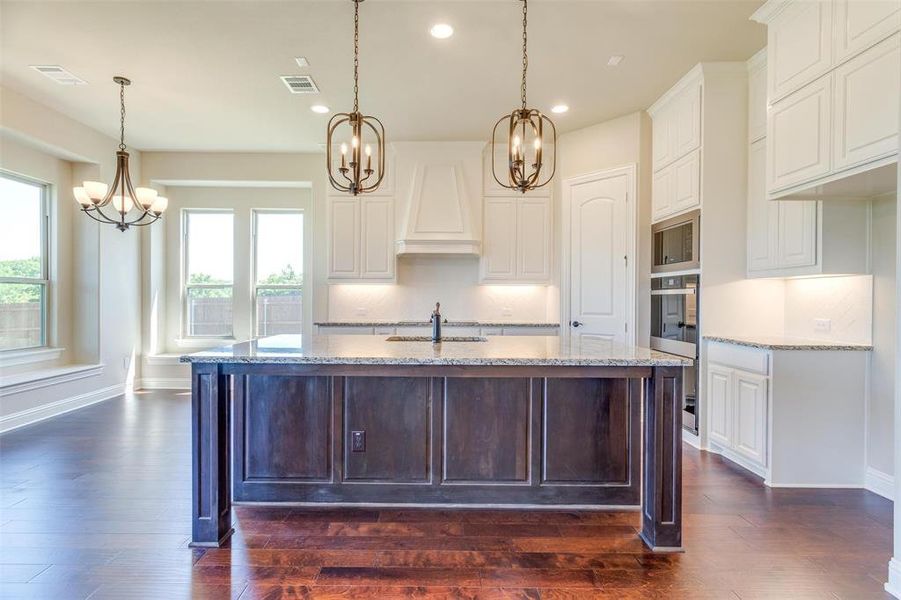 Kitchen with white cabinetry, stainless steel appliances, custom exhaust hood, and dark hardwood / wood-style flooring