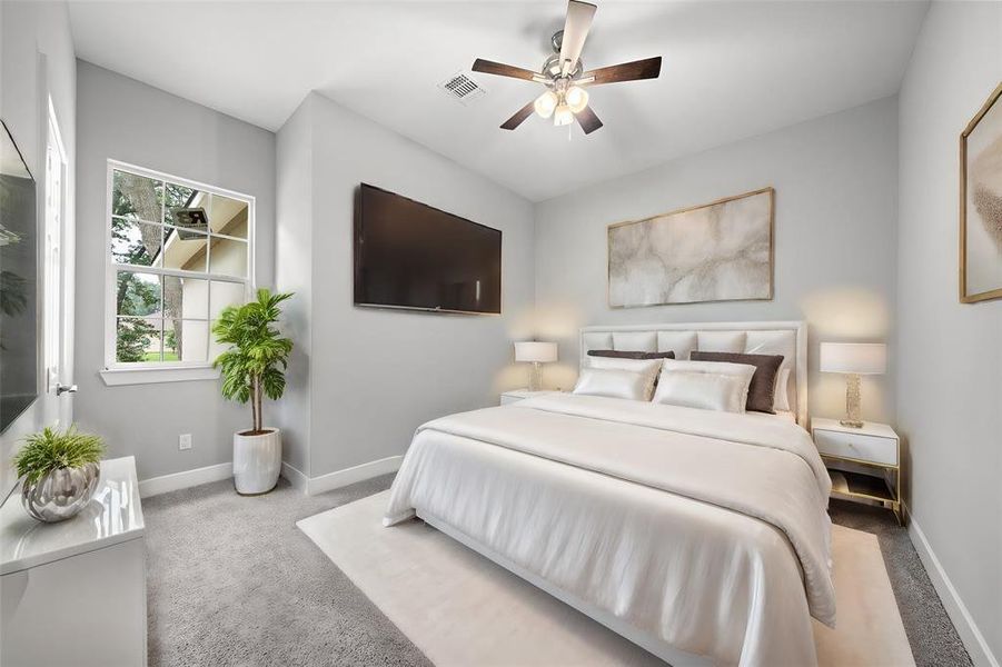 Virtually Staged - Bed 3 is behind the kitchen and is a large 14 x 13 with a custom built closet. Thick, plush carpet and a 44 in Hampton ceiling fan make this a perfect teenager hideaway or private guest room.