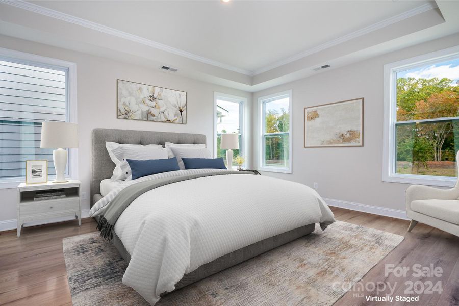 HUGE Primary Bedroom w/tray ceiling, stunning low maintenance flooring & great natural light thru windows overlooking private rear yard with berm, creating a serene retreat.