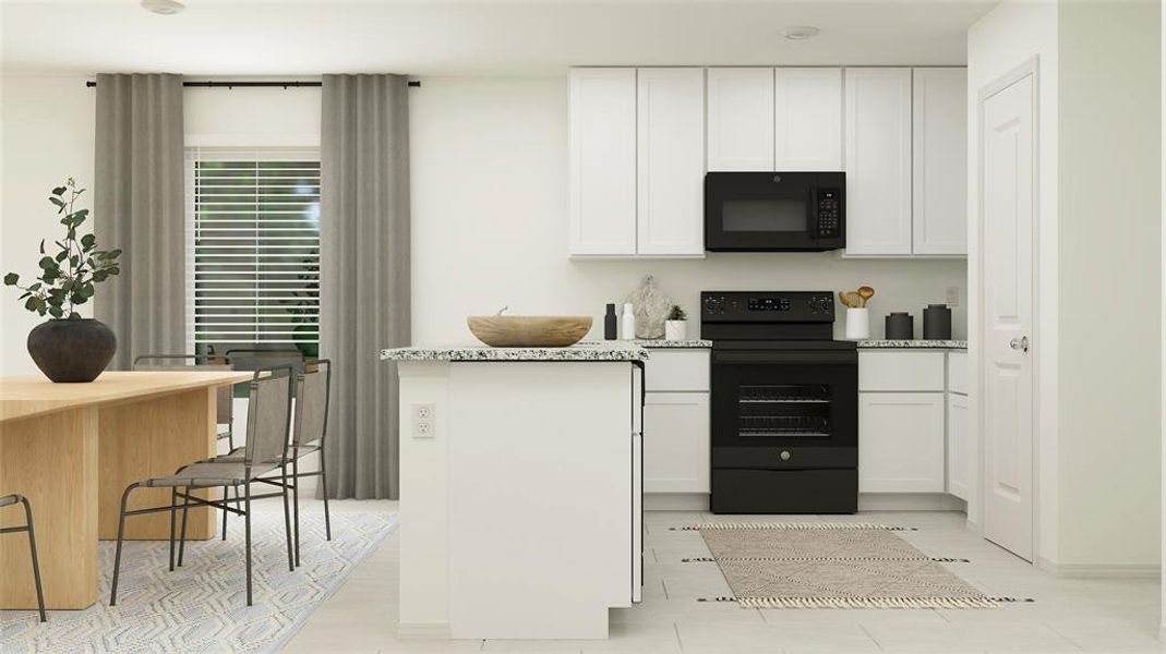 Kitchen with light stone countertops, light hardwood / wood-style floors, electric range oven, and white cabinetry