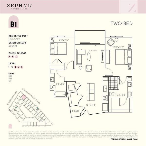 Floor plans are not to scale, dimensions are approximate, and may vary from the description of the unit in the condominium declaration. Materials are based on a photographic representation and are illustrative. You should review the actual materials at the sales center prior to making your finish selections. Furnishings shown in the photographs are not included. Certain images are based on photos or digital representations and have been artistically assembled and/or retouched. Views may change based on development or other factors. The materials, designs, square footages, features and amenities depicted by artist’s or computer rendering are subject to change and no guarantee is made that the project or the condominium units will be of the same size or nature as depicted or described.