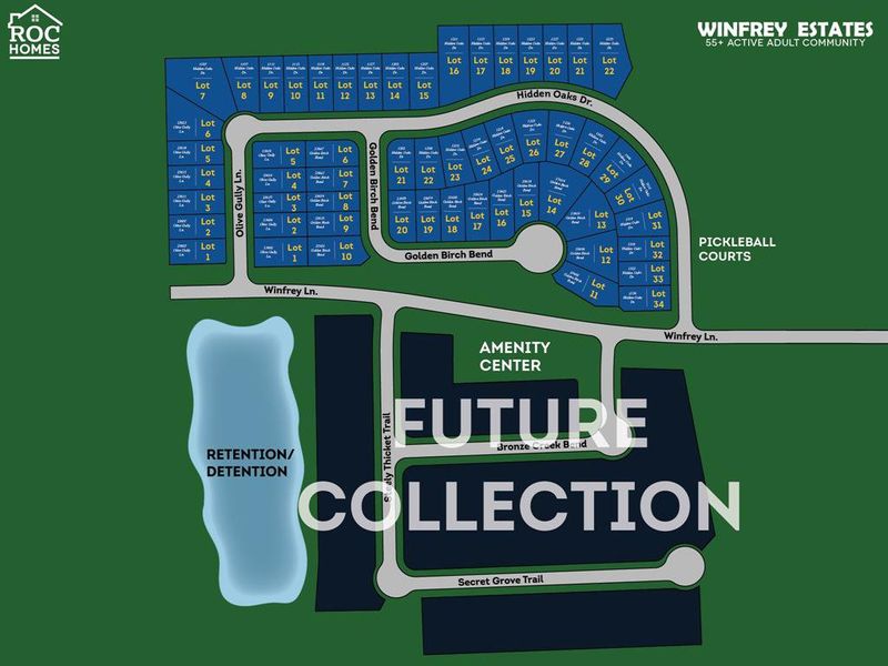 Winfrey Estates community map highlights Collections 1 and 2, showcasing thoughtfully planned residential areas. Collections 1 & 2 feature homes with proximity to the community's resident-only amenities, including the clubhouse and outdoor swimming pool.