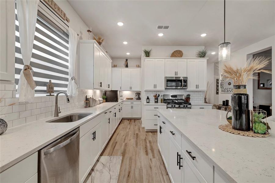 Functional and Stylish Kitchen - Extra counter space with the pantry conveniently tucked away past the stove, offering both functionality and style.