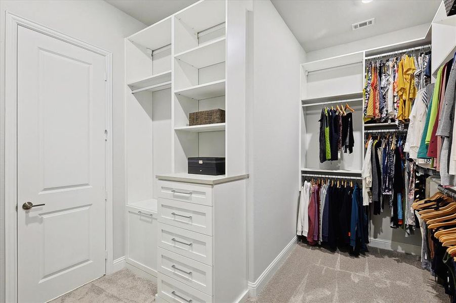 Spacious closet featuring light colored carpet