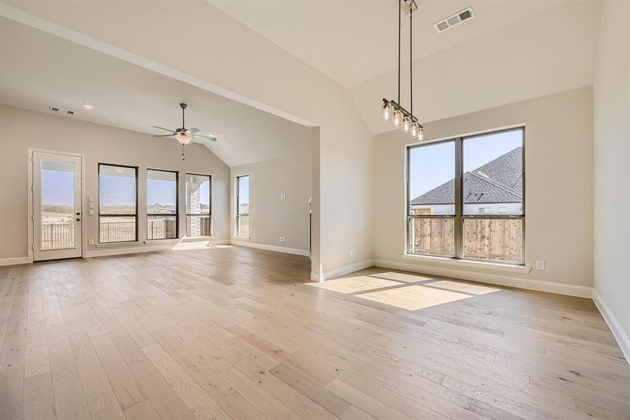 Unfurnished room featuring light wood-type flooring, vaulted ceiling, and a healthy amount of sunlight