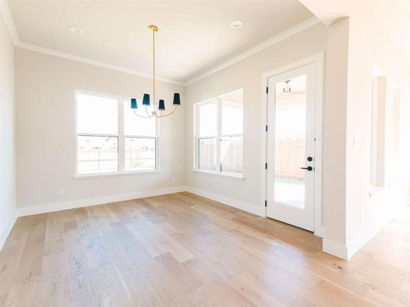 Unfurnished dining area with ornamental molding, a healthy amount of sunlight, a notable chandelier, and light hardwood / wood-style floors