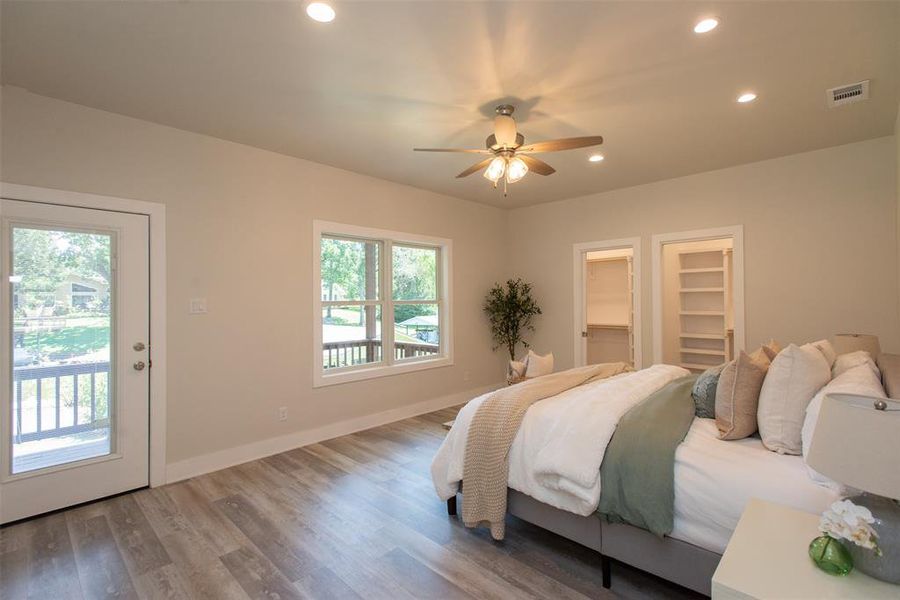 Bedroom featuring a closet, access to exterior, ceiling fan, a walk in closet, and hardwood / wood-style floors