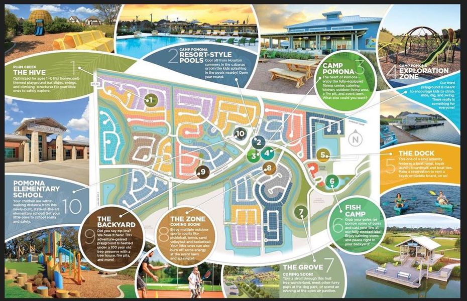 This image features a colorful community map for Pomona, highlighting various amenities like resort-style pool, an exploration zone and waterfront activities at Pomona community center. It also shows the elementary school and includes images of family-friendly recreational spaces.