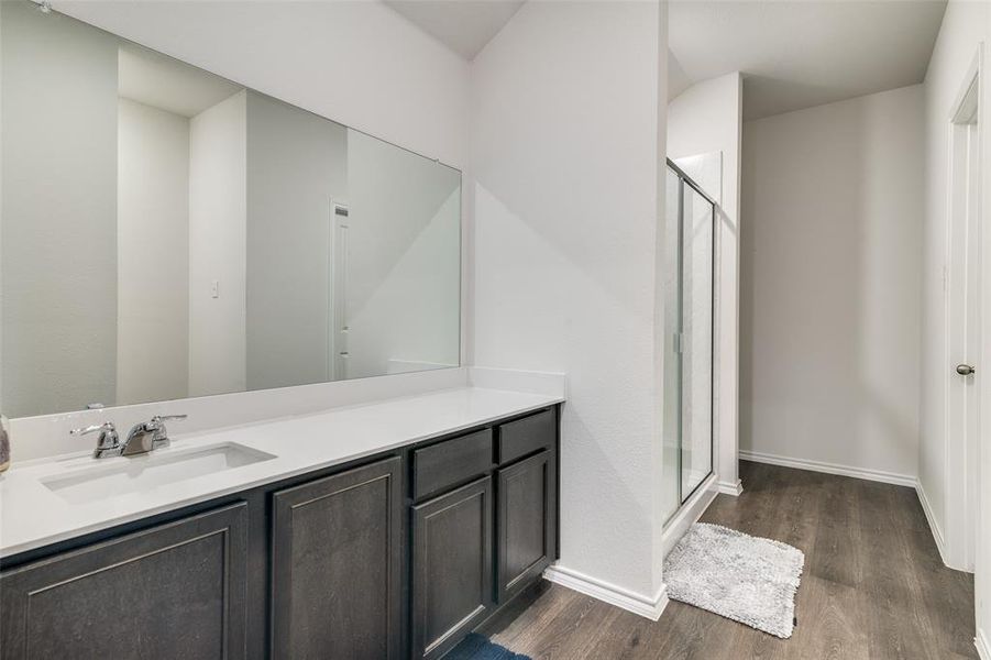 Bathroom featuring walk in shower, vanity, and hardwood / wood-style floors