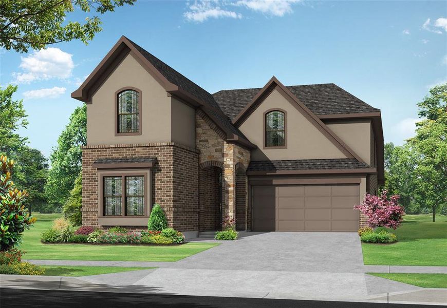 The exterior elevation of the Donley Plan by Newmark Homes in Elyson showcases a tasteful blend of brick, stone, and stucco materials. This mixture not only enhances the home's curb appeal but also adds texture and visual interest to its facade. The combination of these materials reflects a harmonious design that complements the modern aesthetic of the home.