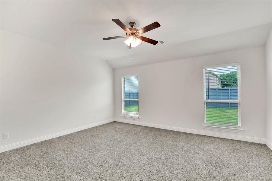 Empty room featuring plenty of natural light, carpet floors, and ceiling fan