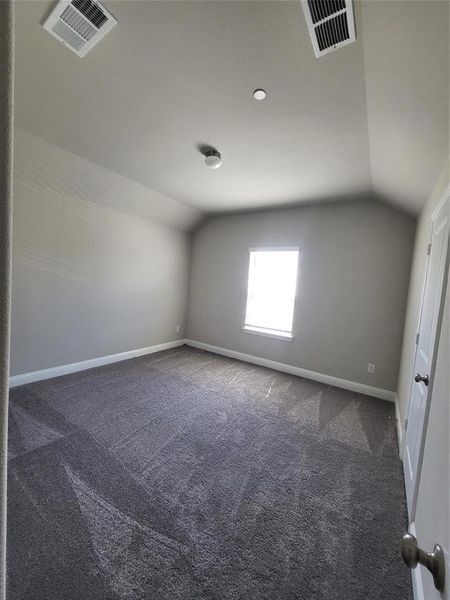 Empty room with carpet and vaulted ceiling