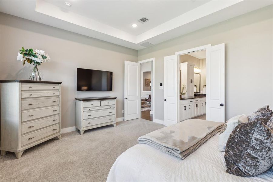 Carpeted bedroom with ensuite bathroom and a tray ceiling