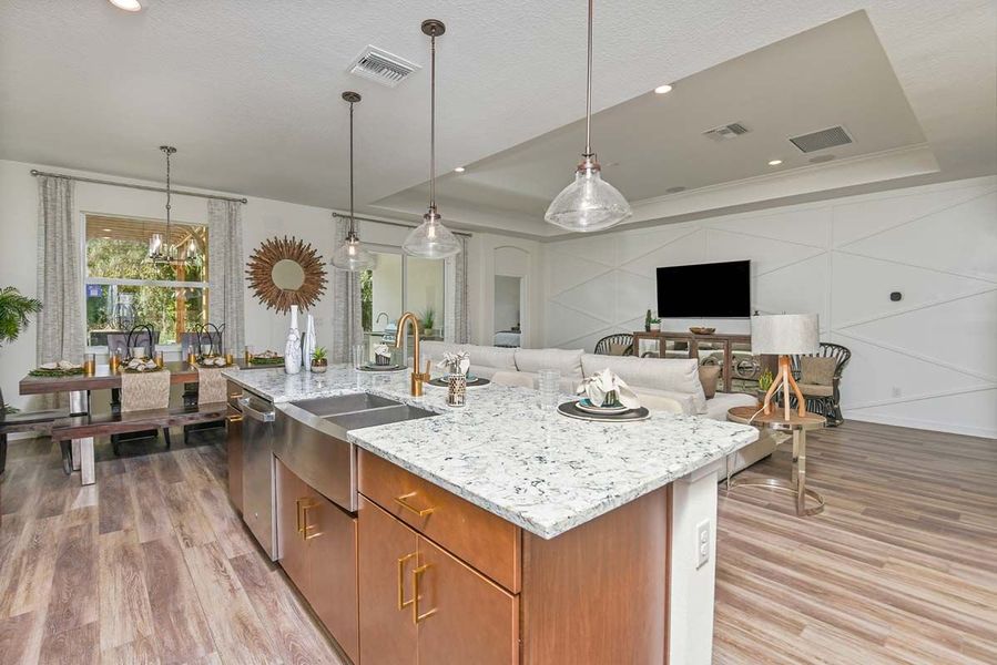 Sandalwood new home kitchen view to great room at Tea Olive Terrace by William Ryan Homes Tampa