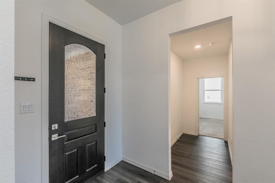 Entryway featuring dark wood-type flooring