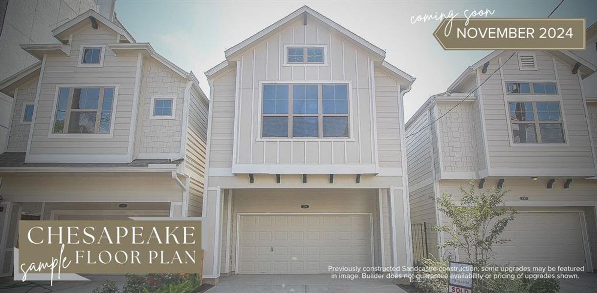 Welcome Home: Step into the welcoming front view of Sandcastle Homes' Chesapeake floor plan, a two-story masterpiece nestled amidst lush landscaping, complete with a private drive that whispers of conveniences to come from the first glance.