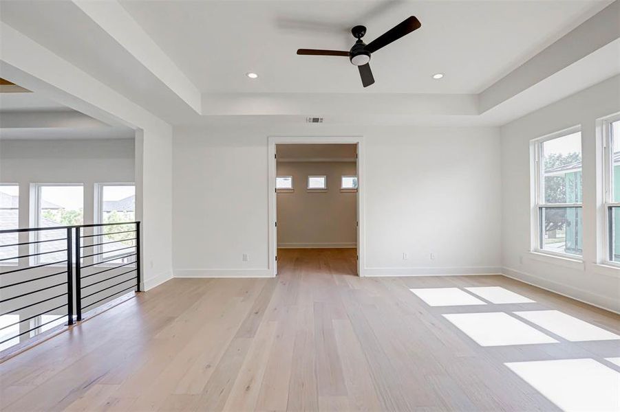 Unfurnished room featuring light hardwood / wood-style floors, a raised ceiling, and ceiling fan