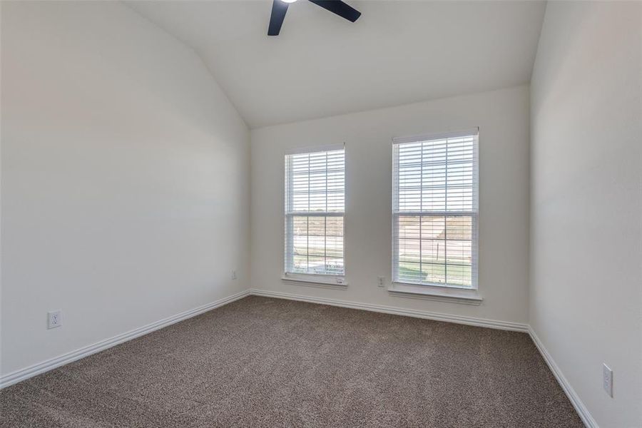 Carpeted spare room featuring lofted ceiling and ceiling fan