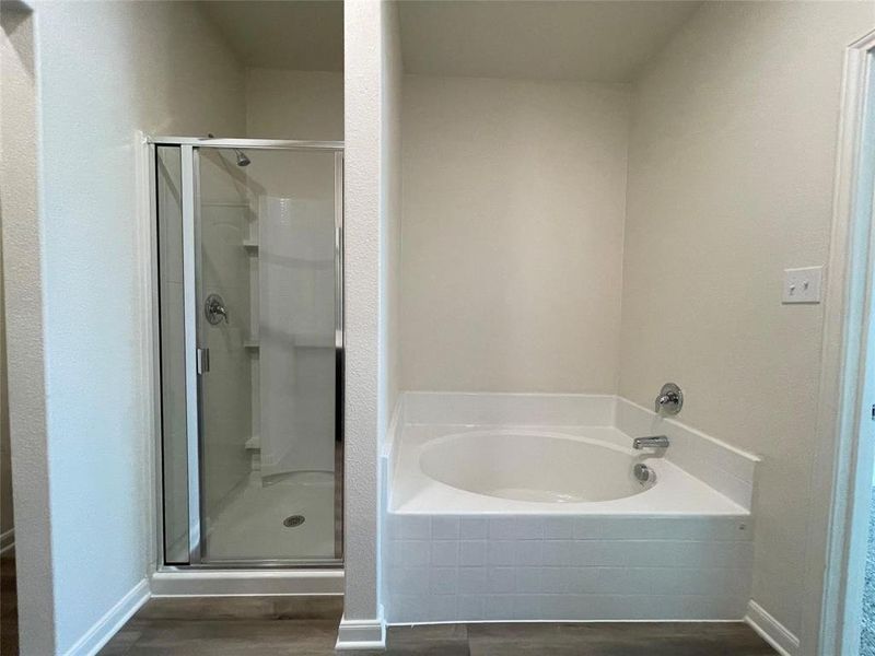 Bathroom with shower with separate bathtub and hardwood / wood-style floors