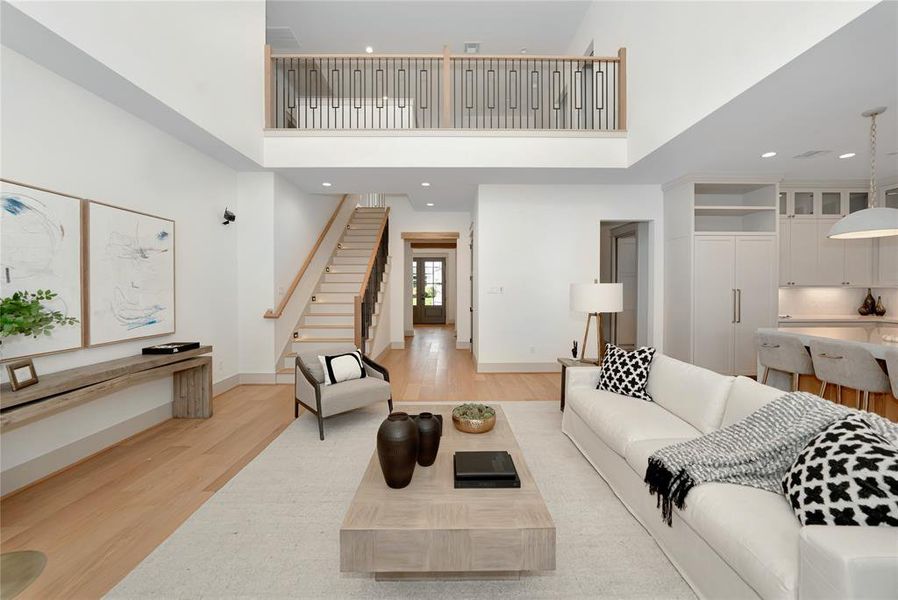 Wooden accent beams are placed throughout the house