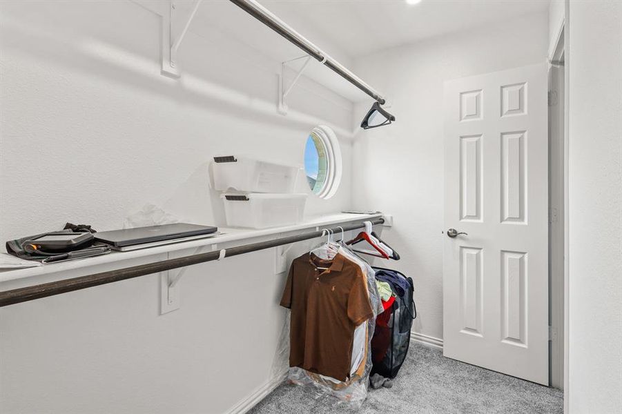 Walk in closet with light colored carpet