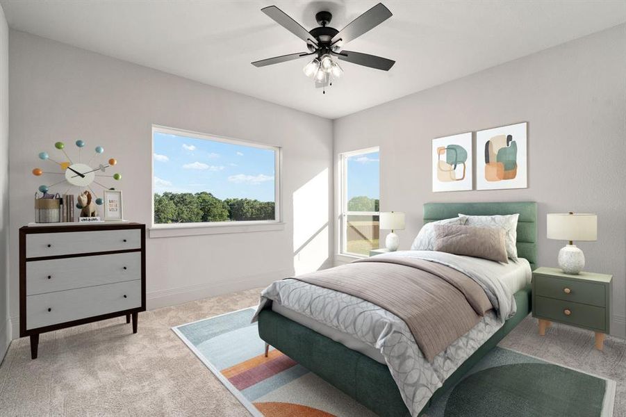 Another secondary bedroom upstairs with a big picture window with views of the grazing cattle! *Virtually staged.