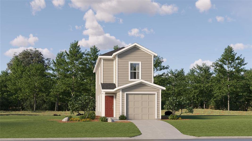 View of front of house with a front lawn and a garage