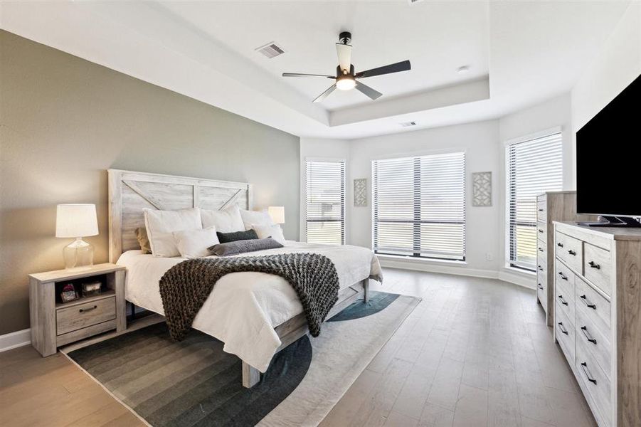 A spacious and well-lit master bedroom features a modern ceiling fan, wood flooring, and large windows providing ample natural light. The accent wall behind the bed adds a touch of color to the neutral palette.