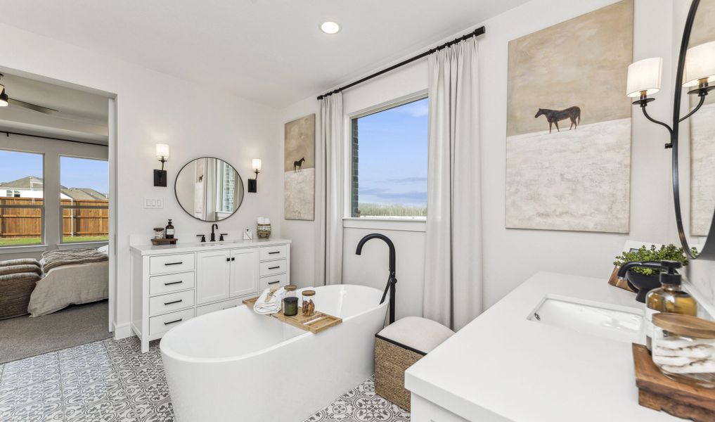 Primary bath with dual vanities featuring rectangular sinks