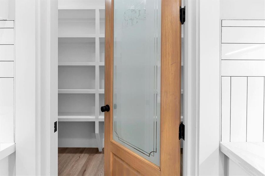 Large walk-in pantry with decorative frosted glass door and tons of built-in shelving