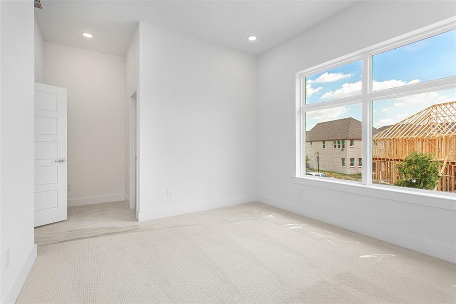 Unfurnished bedroom with light colored carpet and multiple windows