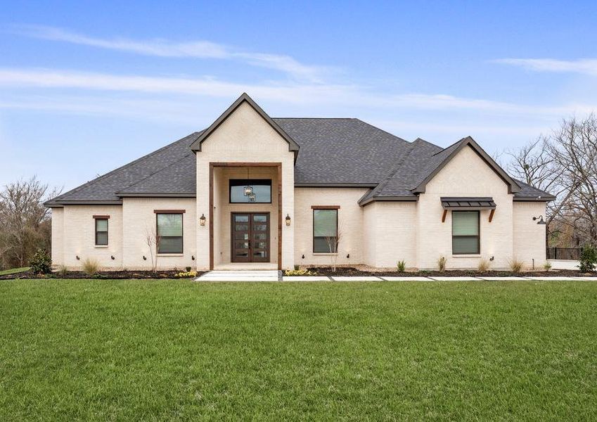 The Timberline II is a beautiful, one-story brick home with wood accents.