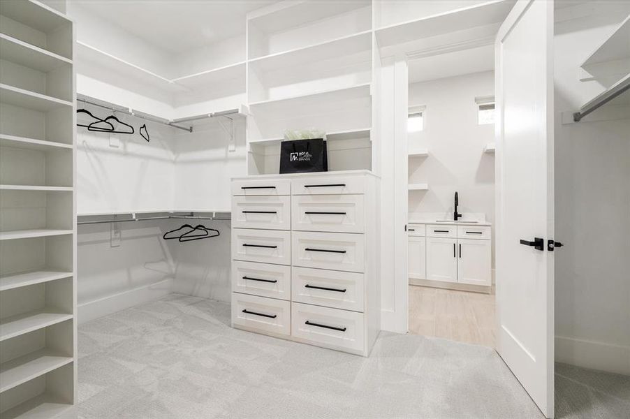 Walk in closet featuring light carpet and sink