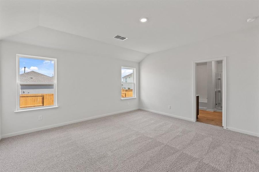 Carpeted bedroom with lofted ceiling